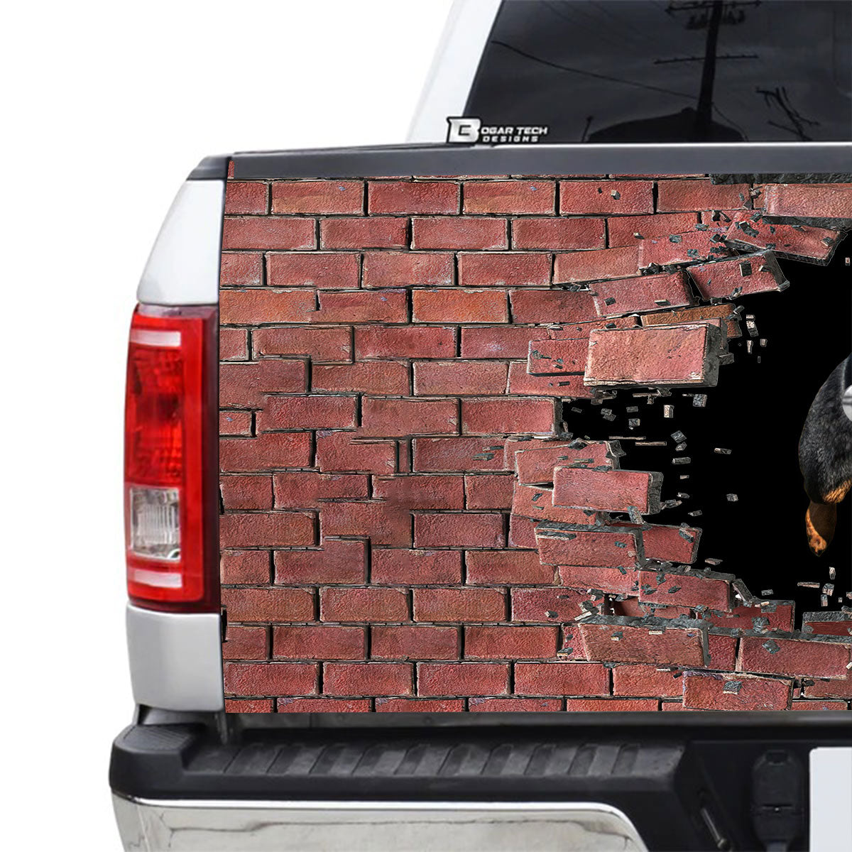 Petthouse | Rottweiler Tailgate Mural Dog Running Out Brick Tailgate Wraps For Trucks Fun Car Accessories