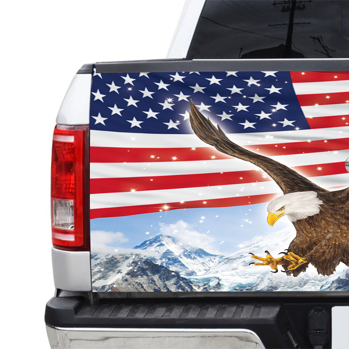 Petthouse | Eagle American Flag Printed Tailgate Wrap Winter Moutain Landscape Car Decal For Independence Day