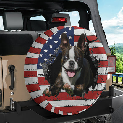 Petthouse | Boston Terrier Spare Tire Cover American Flag Spare Wheel Cover Crack Hole Print Fun Car Accessory