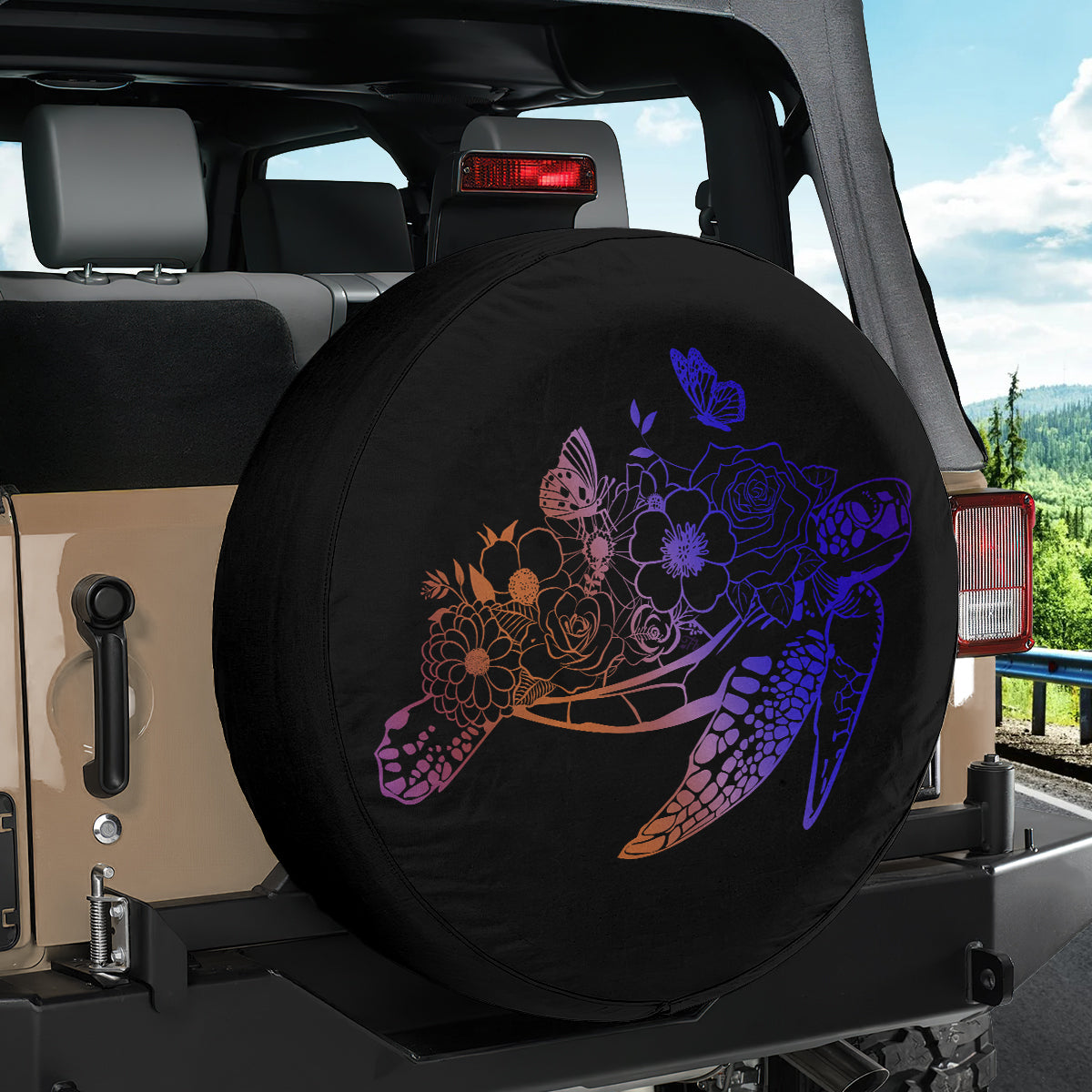 Petthouse | Turtle Wild Flowers Sketch Print Durable Tire Protector Ocean Animal Tattoo Tire Cover Gifts