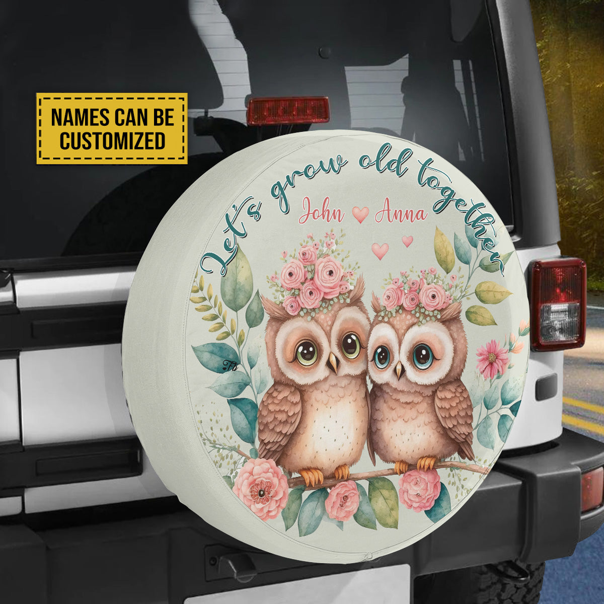 Petthouse | Let Grow Old Together Tire Cover Custom Name Spare Tire Cover Owl Couple Tire Wrap Car Accessories