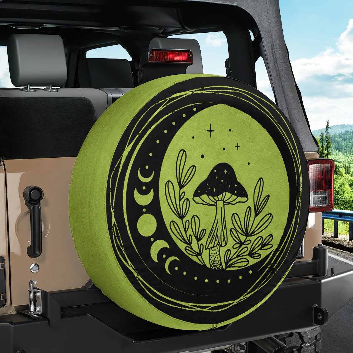 Petthouse | Mystical Mushroom Spare Tire Cover Cresent Moon Car Tire Protector Magic Hippie Car Tire Cover