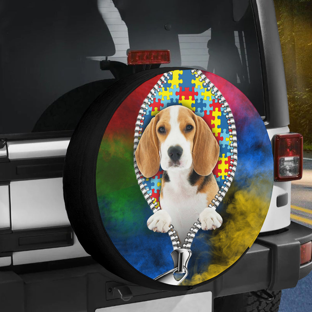 Petthouse | Beagle Autism Puzzles Zipper Print Spare Wheel Cover Neurodiversity Tire Cover Dog Lover Gifts