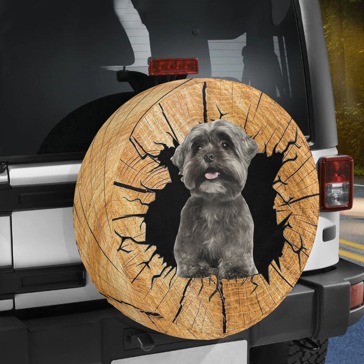 Petthouse | Black Shih Tzu Puppies Crack Hole Wooden Printed Spare Wheels Tire Cover Puppies Shih Tzu