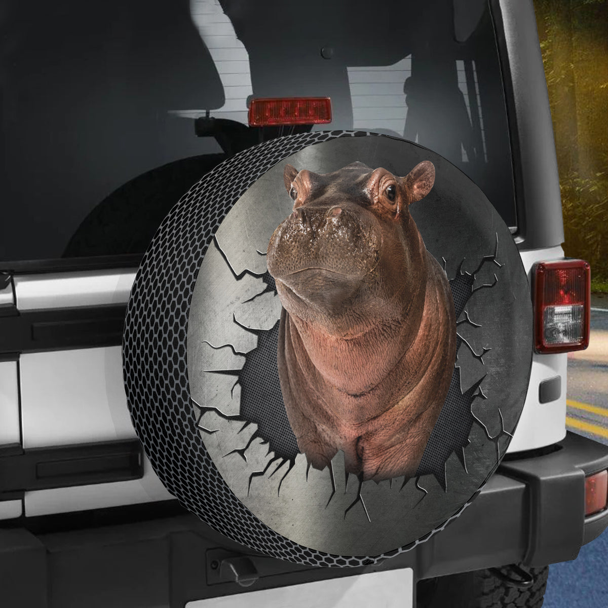 Petthouse | Hippopotamus Cute Tire Wheel Protector Hippo Through Cracked Hole Truck Cover Animal Lover