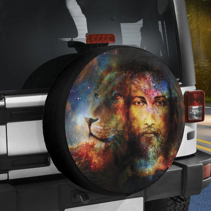 Petthouse | Painting Jesus With Lion In Space Tire Cover, Eye Contact Lion Portrait Wrap, Jesus Gift