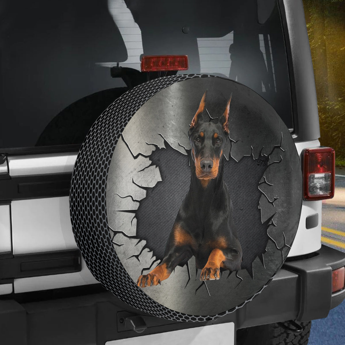 Petthouse | Doberman Pinscher Peeking Out Metal Cracked Wheel Cover Universal Fit Pet Paw Car Accessories