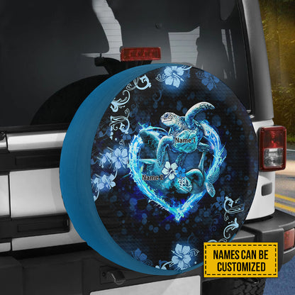 Petthouse | Custom Name Couple Sea Turtle Water Flame Heart With Blue Tropical Flowers Spare Tire Cover