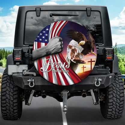 Petthouse | Jesus Take The Wheel Spare Tire Cover Jesus Christ Eagle American Flags God Bless