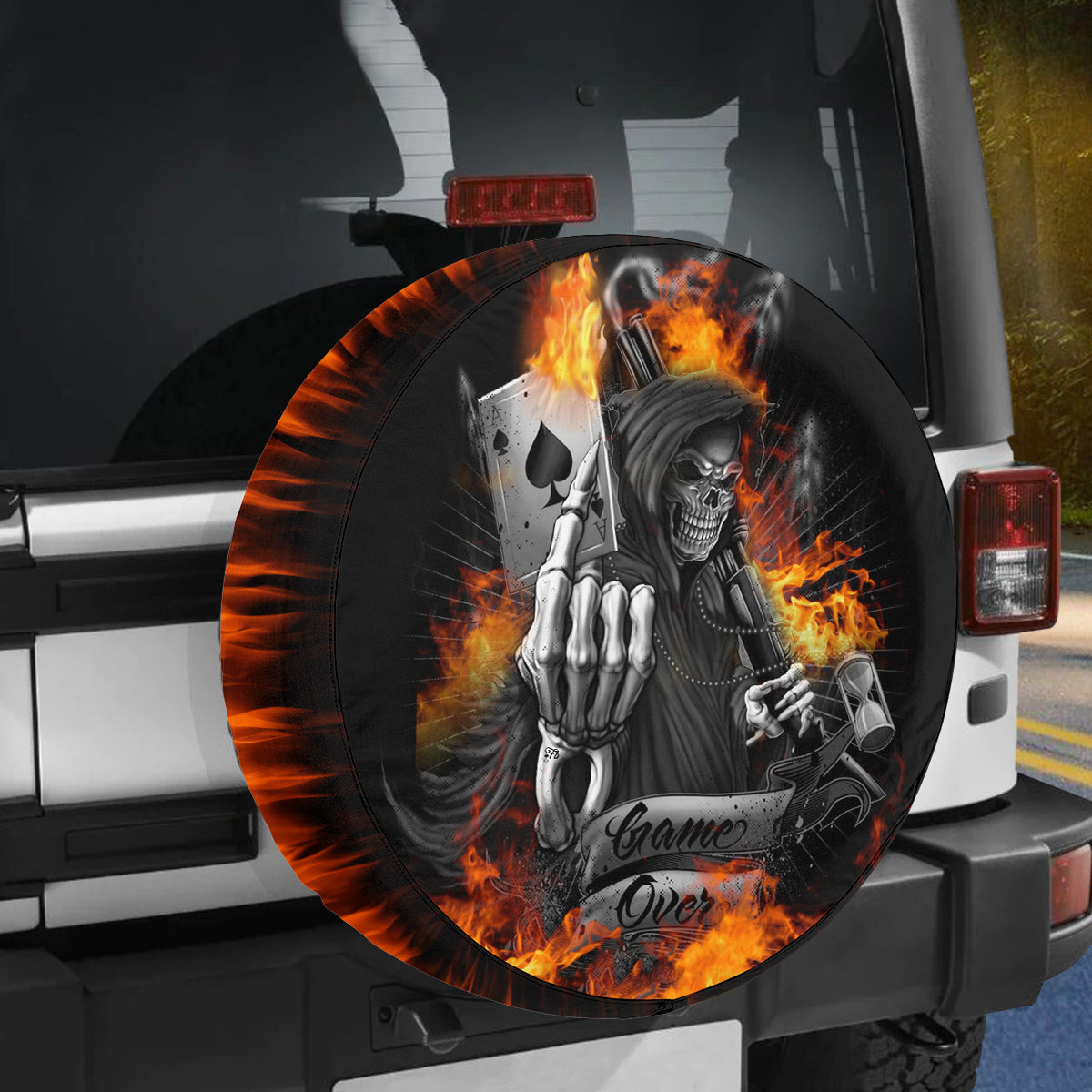 Petthouse | Game Over Spare Tire Cover Death Fire Tire Cover Horror Movie Tire Cover Halloween Tire Cover Decor