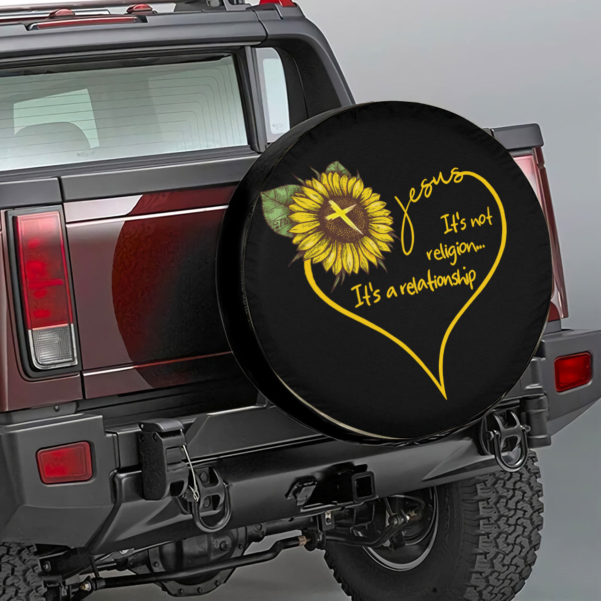 Petthouse | Sunflower Cross Heart Spare Tire Cover Jesus It's Not Religion It's A Relationship