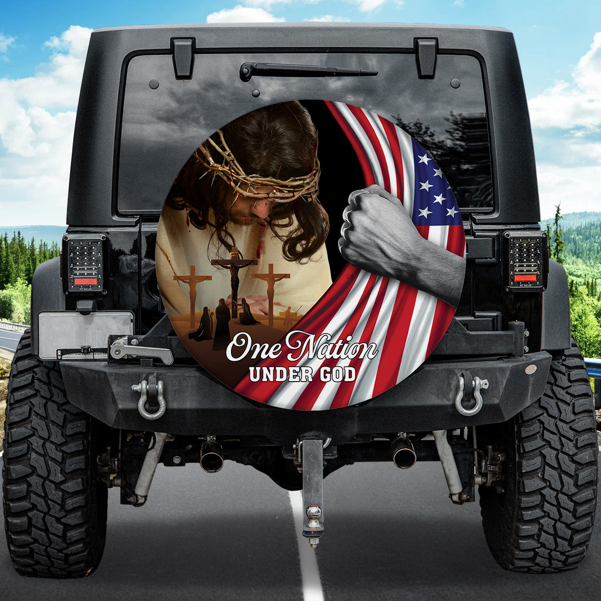 Petthouse | One Nation Under God Spare Tire Cover Jesus Bow Head Jesus On Cross American Patriotic Gift