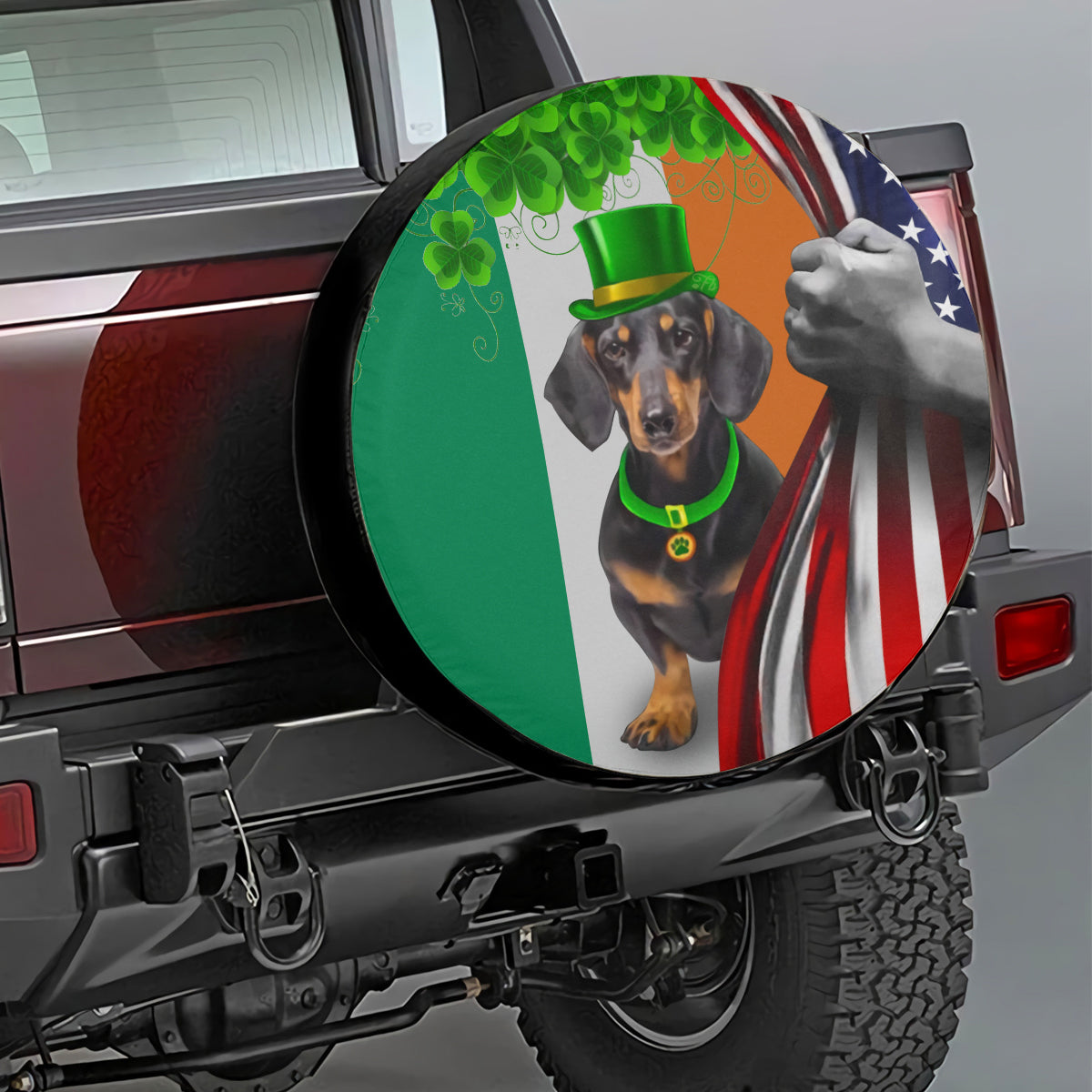 Petthouse | Dachshund Puppy In Hat Spare Tire Cover Ireland American Flag Tire Cover Happy St Patrick's Day Gift