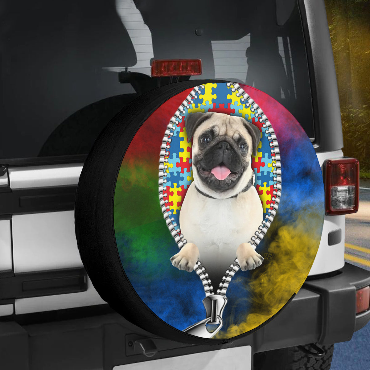 Petthouse | Pug Autism Month Spare Tire Cover Autism Acceptance Tire Protector Dog Lover Car Decoration