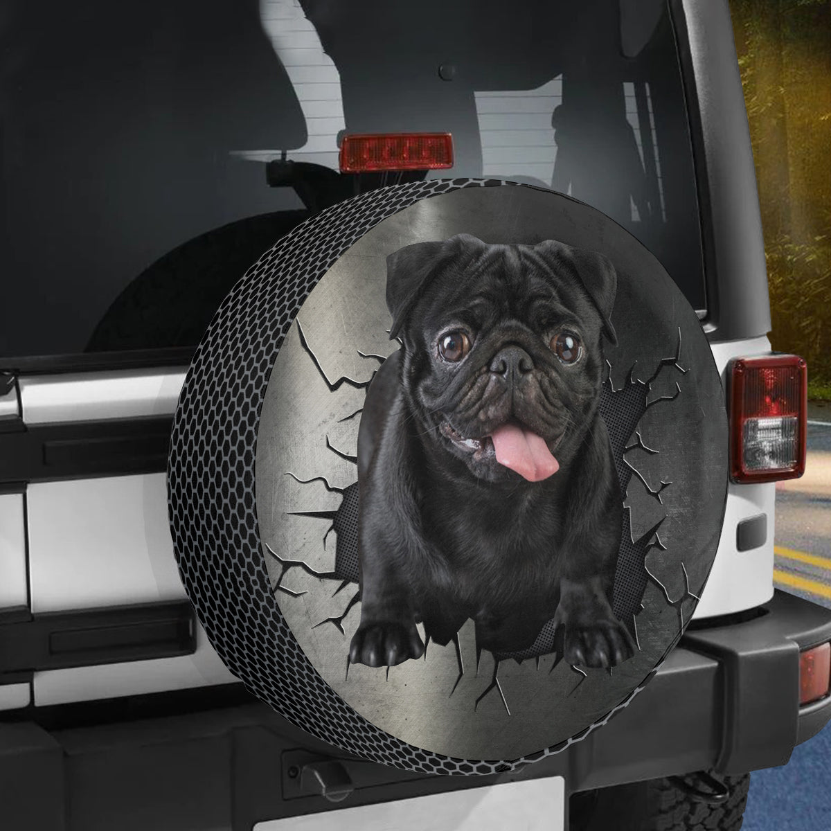 Petthouse | Black Pug Exploded Wall Funny Spare Tire Cover Pug Printed Tire Protector For Dog Mom Dad