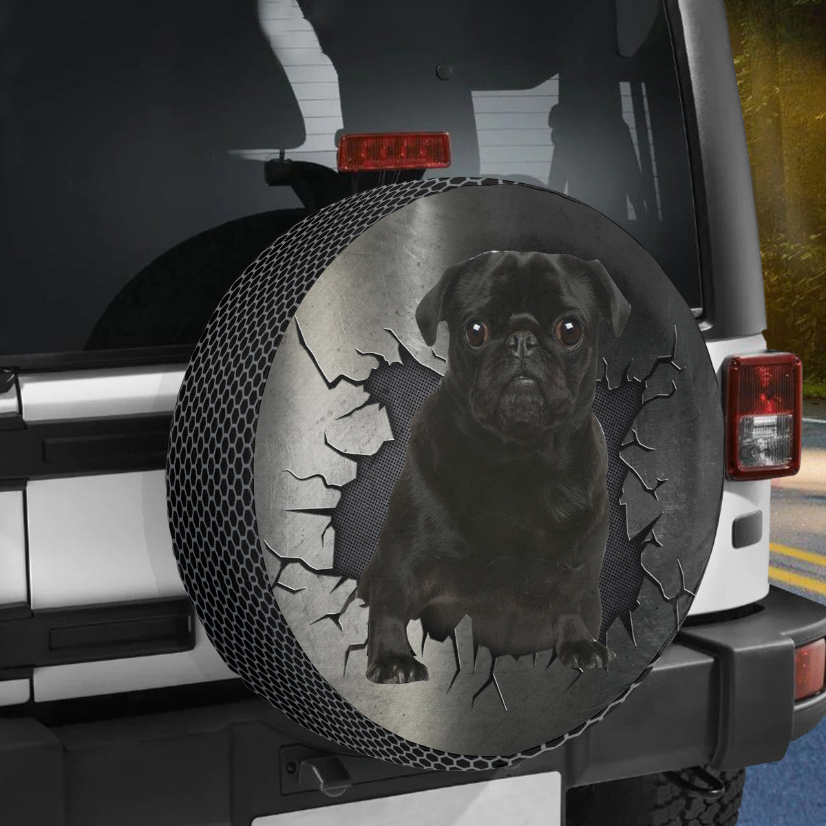 Petthouse | Black Pug Outdoors Spare Tire Cover With Backup Camera Hole Dog Paw Tire Accessories Car Decor