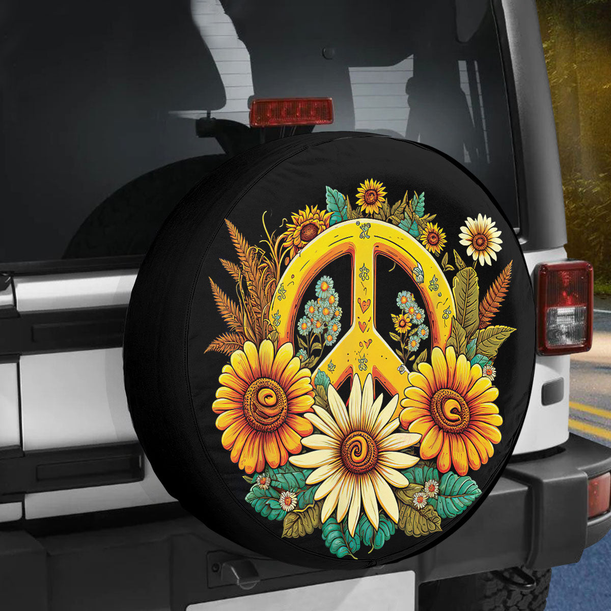 Petthouse | Sunflower Spare Tire Cover Peace Sign Wheel Cover Durable Tire Protector Spring Tire Storage Bag