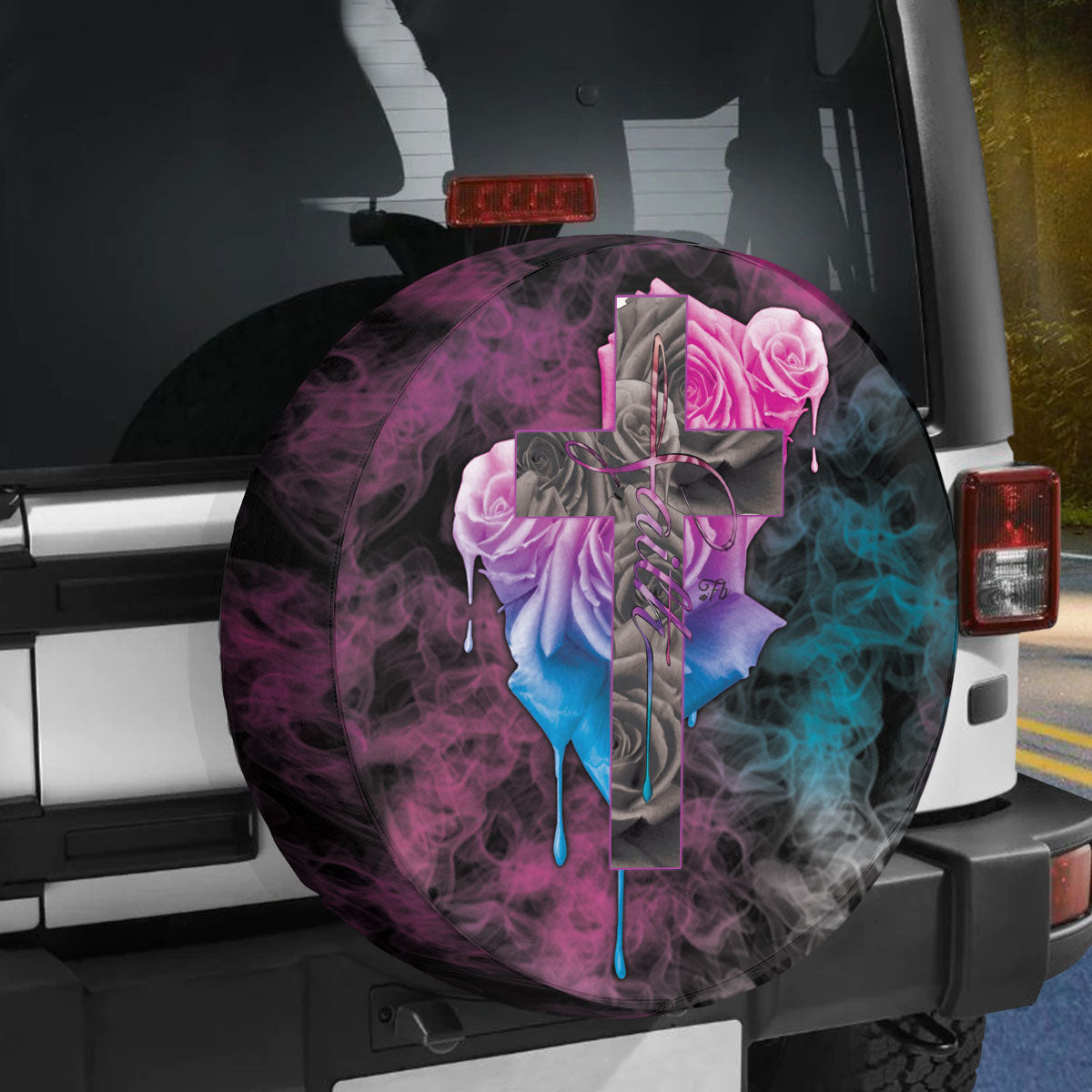 Petthouse | Faith Jesus Christian Cross Roses Smoke Spare Tire Cover Truck Decoration Religious Gift