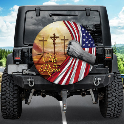 Petthouse | He Is Risen Spare Tire Cover Jesus On Cross American Flag Wheel Cover Waterproof Christian Gift