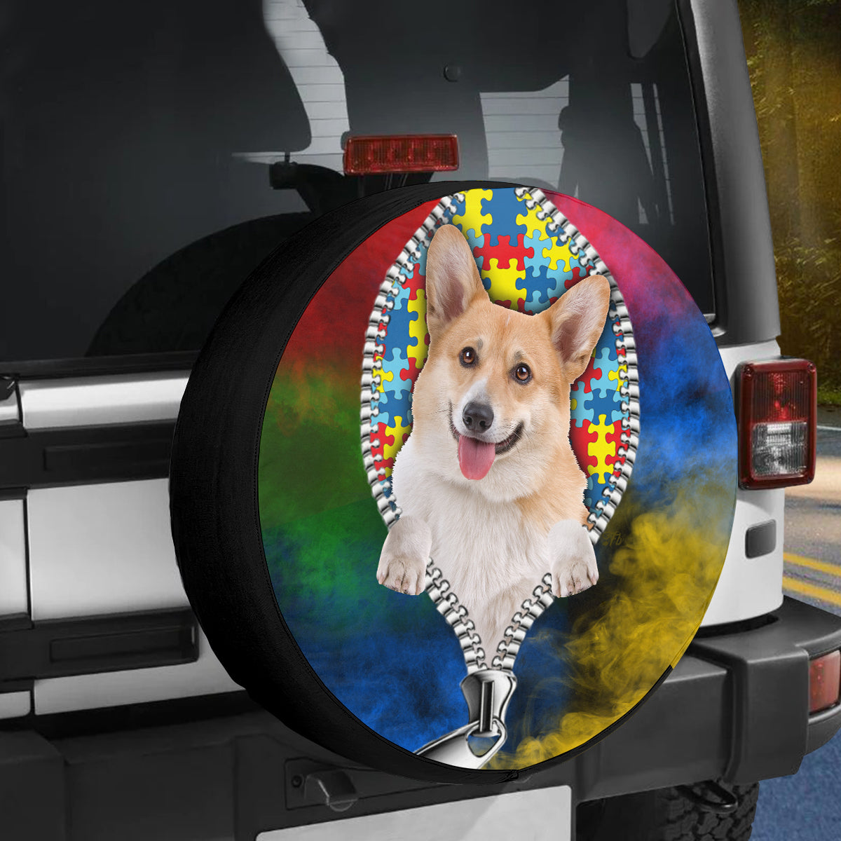 Petthouse | Corgi Autism Acceptance Month Car Tire Cover Corgi Zipper Print Wheel Cover Autistic Gifts