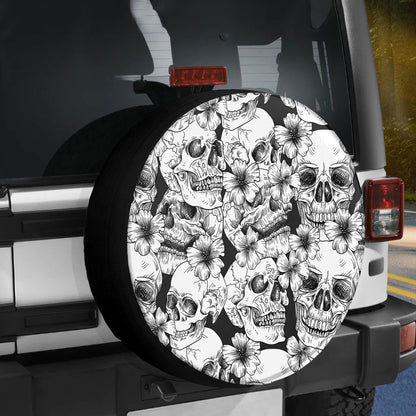 Petthouse | Skull Hibiscus Pattern Spare Tire Cover Dark Skull Skeleton Car Accessory Truck Decor