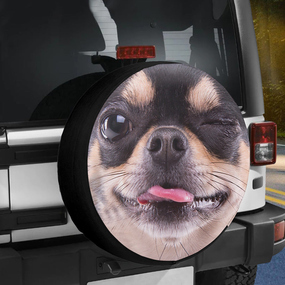 Petthouse | Cute Winking Chihuahua Custom Spare Tire Cover Animal Portrait Waterproof Durable Wheel Cover