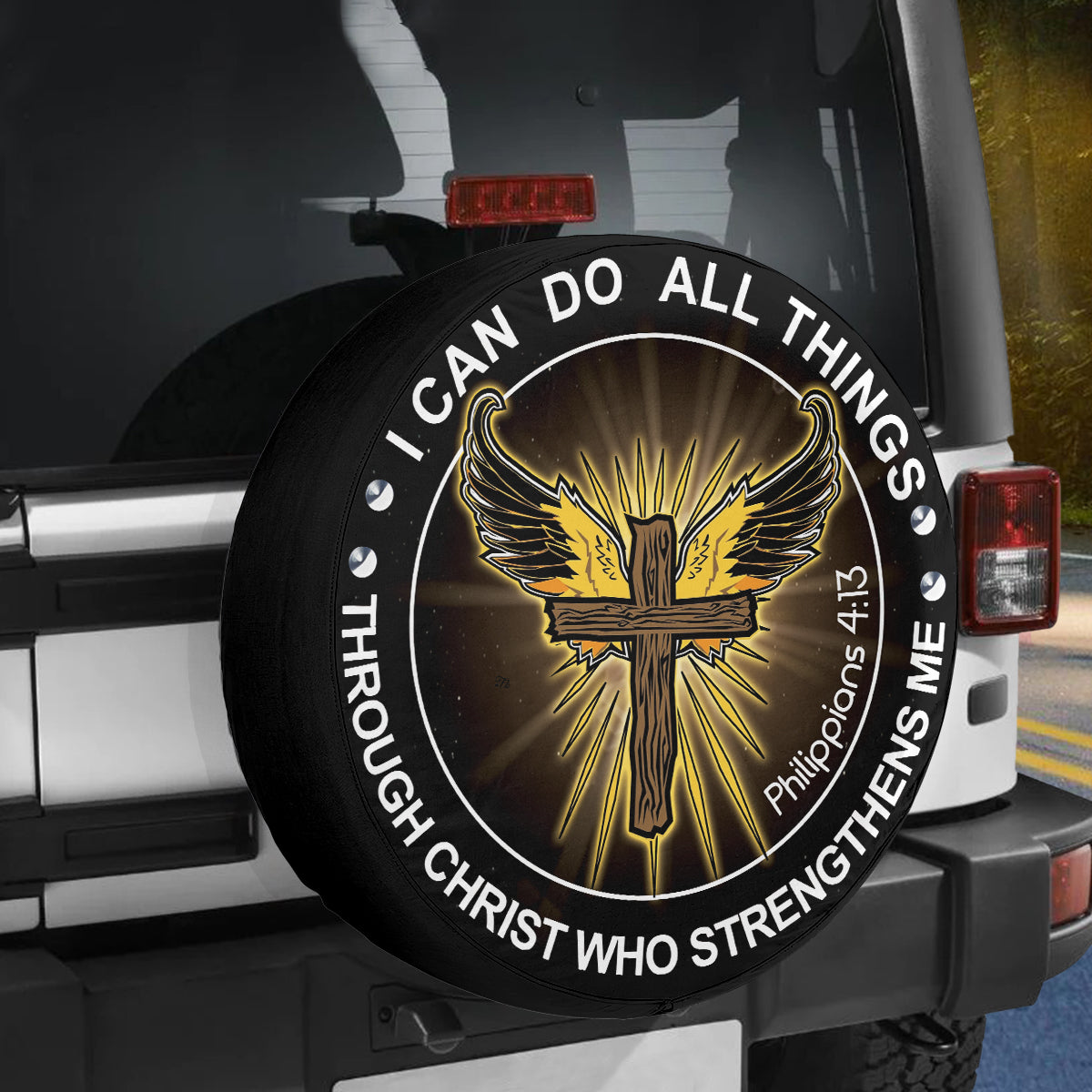 Petthouse | I Can Do All Things Through Christ Tire Cover Christ Cross Angel Wings Tire Cover Catholic Decor