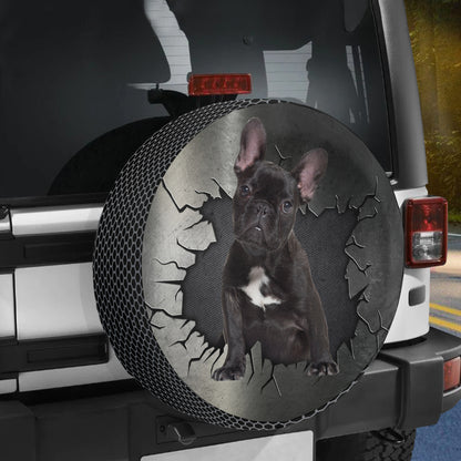 Petthouse | Black French Bulldog Puppy Tire Wheel Cover Dog Punched Wall Cracked Wheel Protector Dog Dad