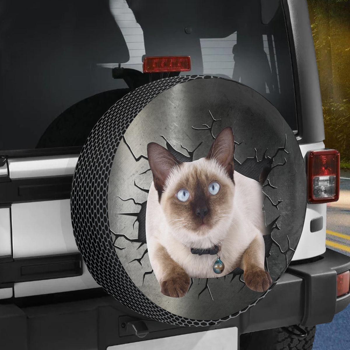 Petthouse | Siamese Cat Camper Tire Cover Big Hole Cracked Metal Print Spare Wheel Cover Cat Dad Car Accessory