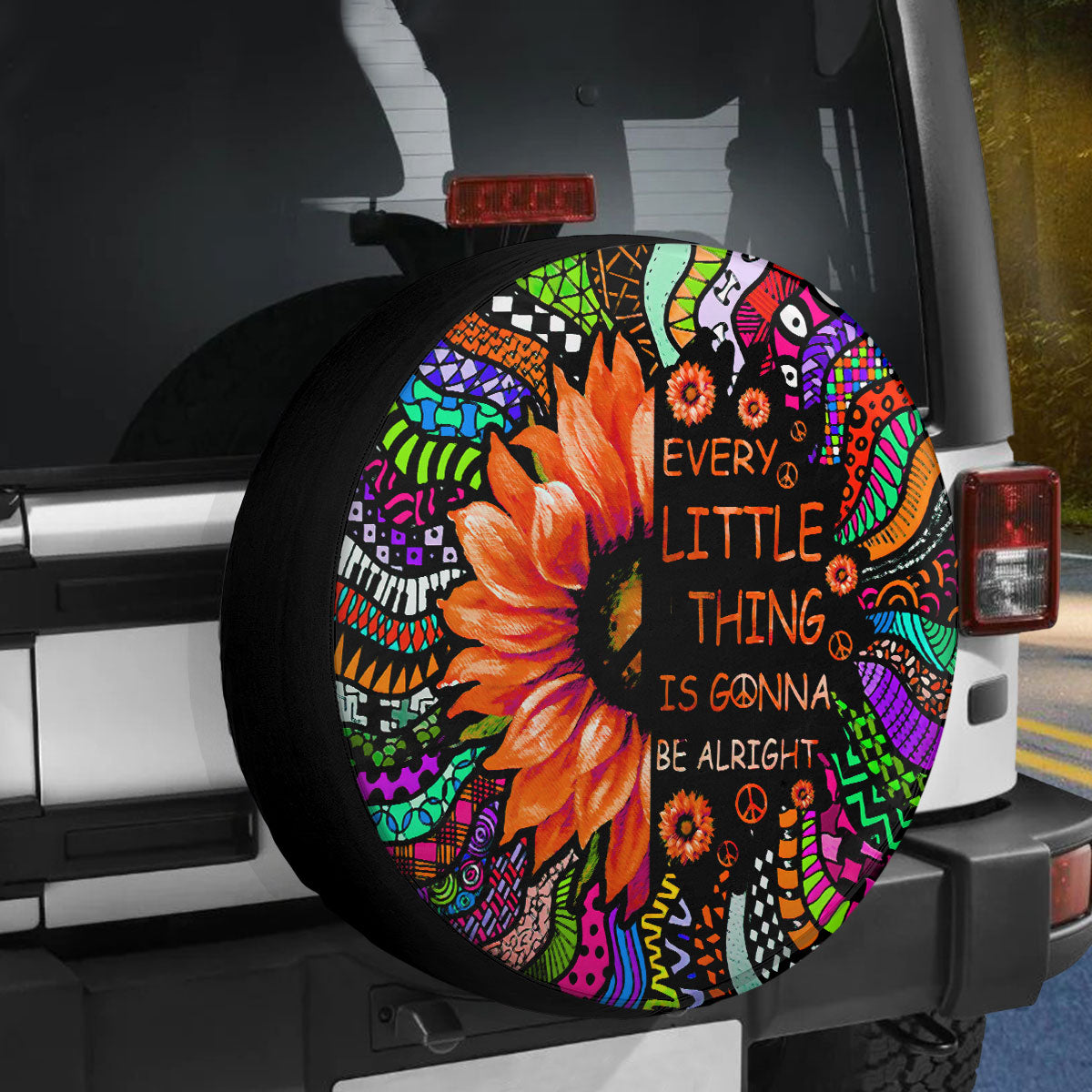 Petthouse | Sunflower Hippie Peace Spare Tire Cover Every Little Thing Is Gonna Be Alright Truck Decor