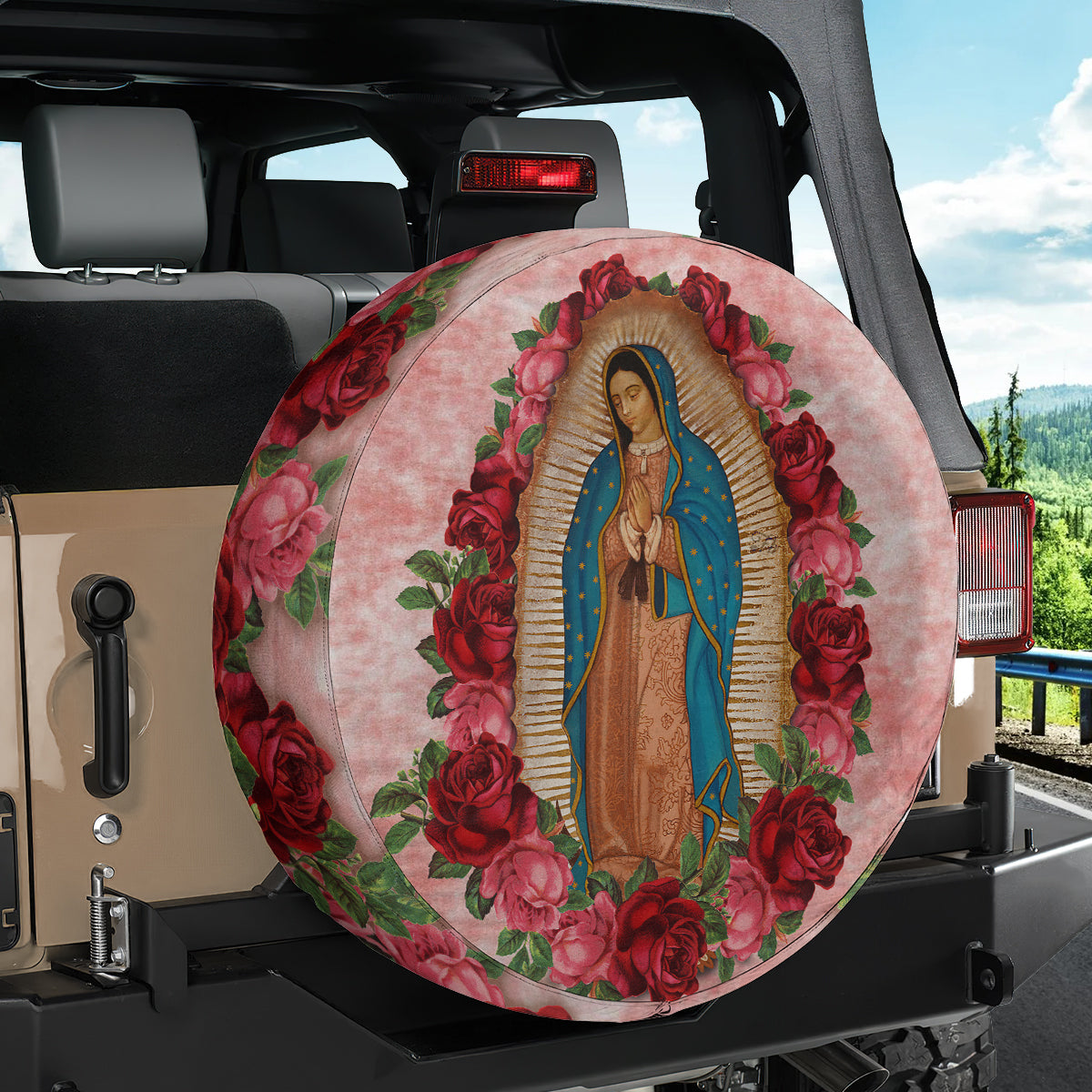 Petthouse | Lady Of Guadalupe Spare Tire Cover Virgin Mary With Angel And Flower Canvas Tire