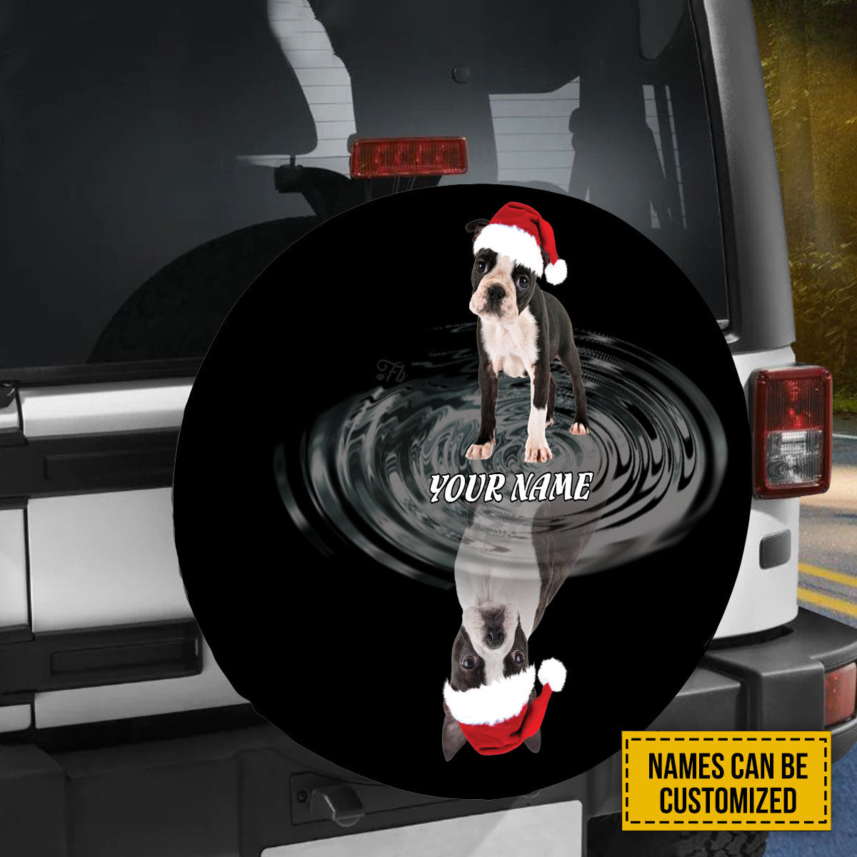 Petthouse | Personalized Name Boston Terrier Santa Hat Spare Tire Cover, Boston Terrier Owner Truck Decor