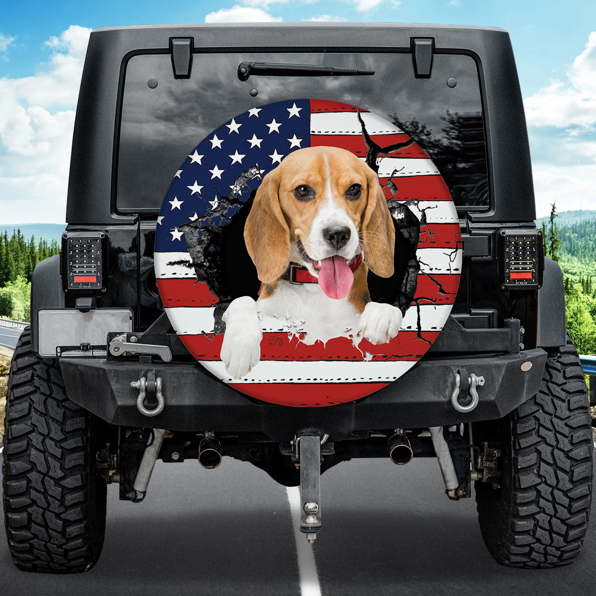 Petthouse | Beagle Dog American Flag Spare Tire Cover Dog Lover Wheel Cover Beagle Broken Wall Tire Cover