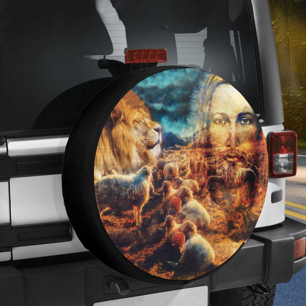 Petthouse | Jesus The Good Shepherd Tire Cover, Jesus And Lambs And Lion, God Power Lion Tire Cover