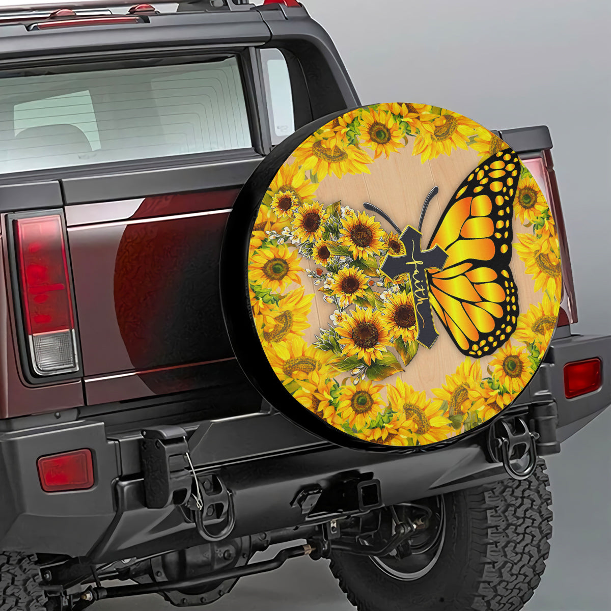 Petthouse | Butterfly Sunflower Cross Faith Spare Tire Cover Christian Wheel Cover Sunflower Tire Cover Gift