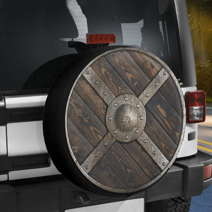 Petthouse | Wooden Medieval Round Shield With Metal Frame And Cross Tire Cover Viking Lovers Gift