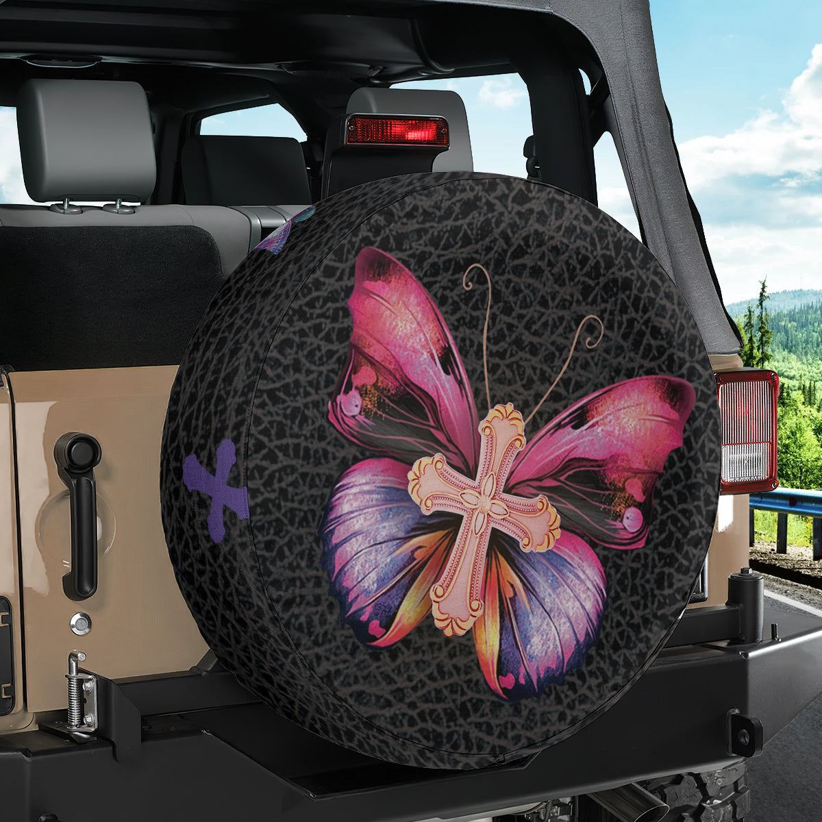 Petthouse | Jesus Cross Christian Spare Tire Cover Butterfly Spare Tire Cover Black Leather Print Canvas Tire