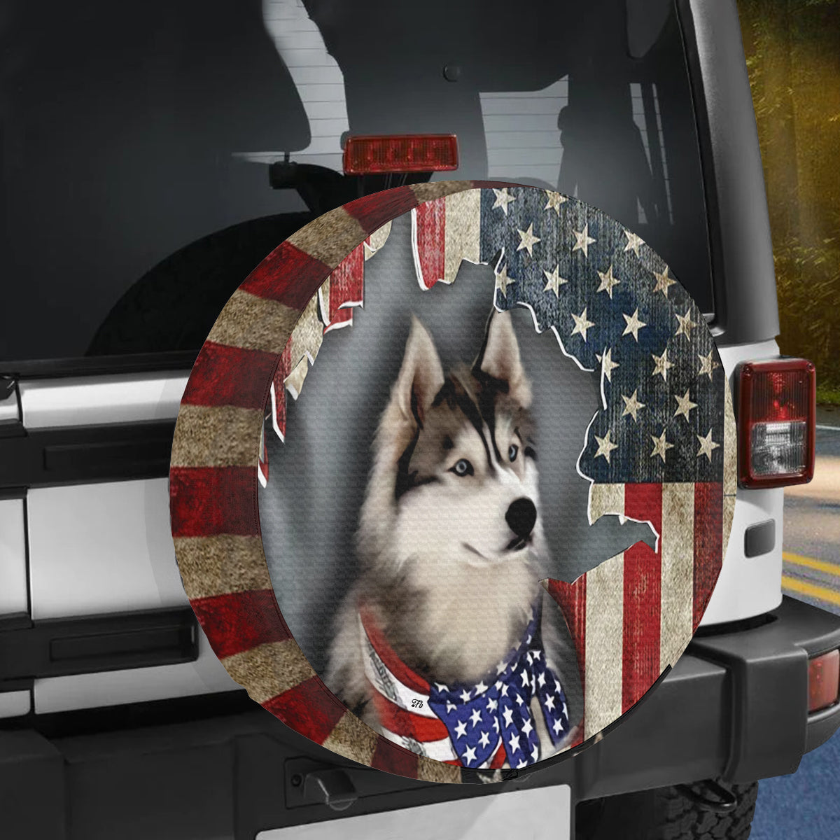 Petthouse | Husky Spare Tire Cover Husky Blue Eyed Cover American Flag Tire Wrap Car Decoration