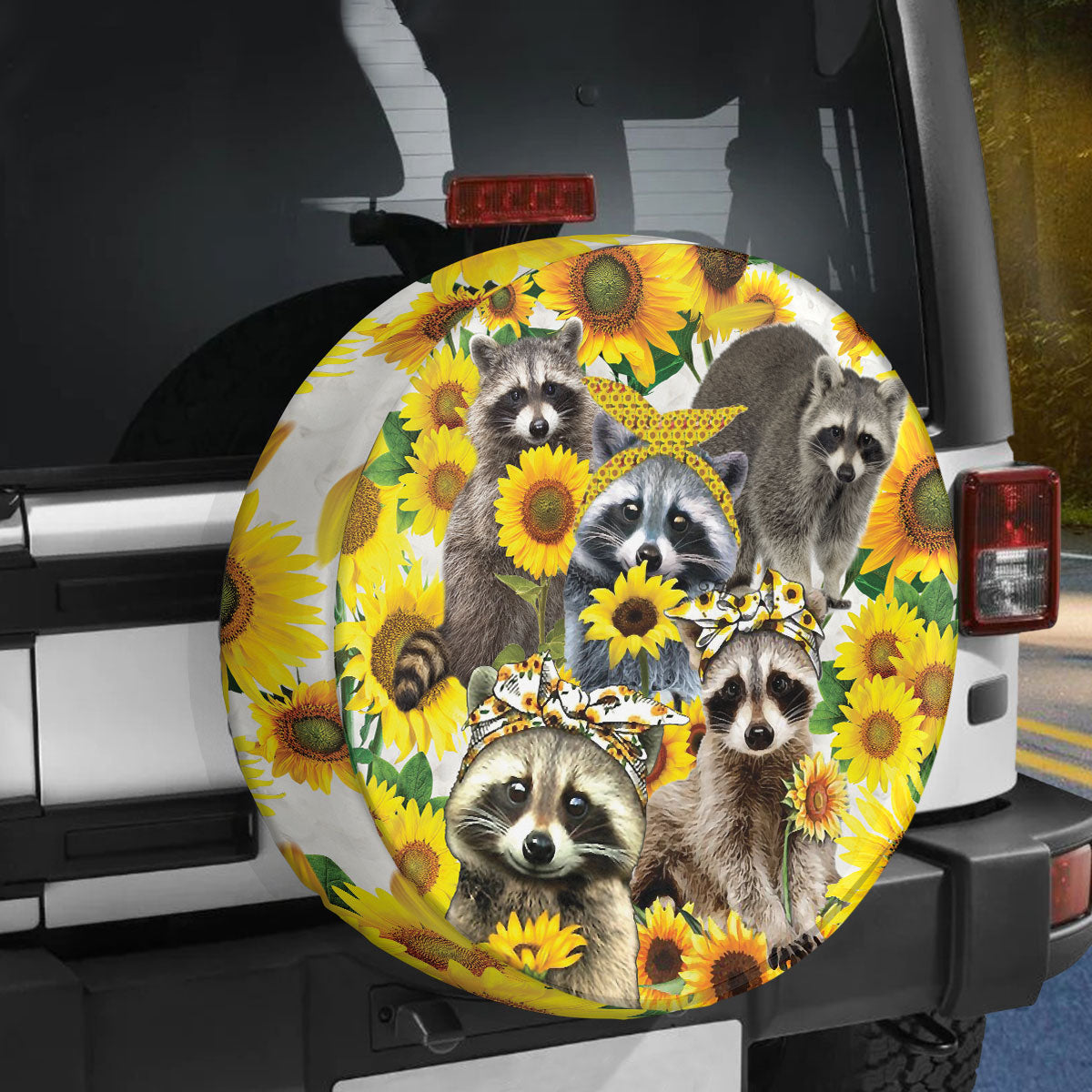 Petthouse | Raccoon Sunflowers Spare Tire Cover Decal Raccoon Floral Flowers Sticker Truck Decoration