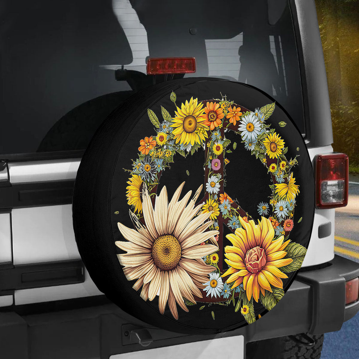 Petthouse | Sunflowers Hippie Peace Sign Spare Tire Cover Flower Floral Car Accessory Truck Decoration