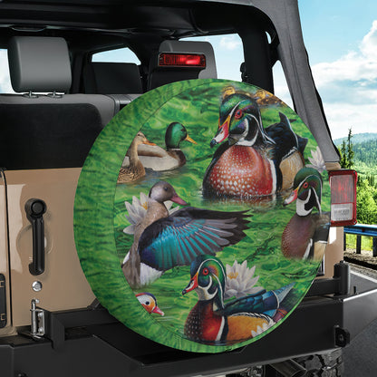 Petthouse | Flying Duck Art Print Spare Tire Cover Duck Floating Lotus Lake Durable Tire Protector For Hunters