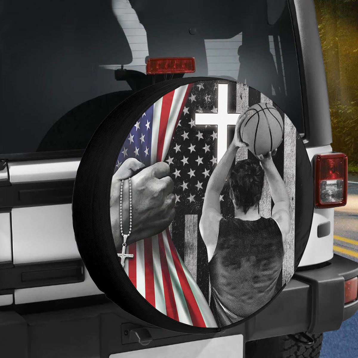 Petthouse | Basketball Player American Flag Jesus Christ Bible Spare Tire Cover Car Accessories Men Gift