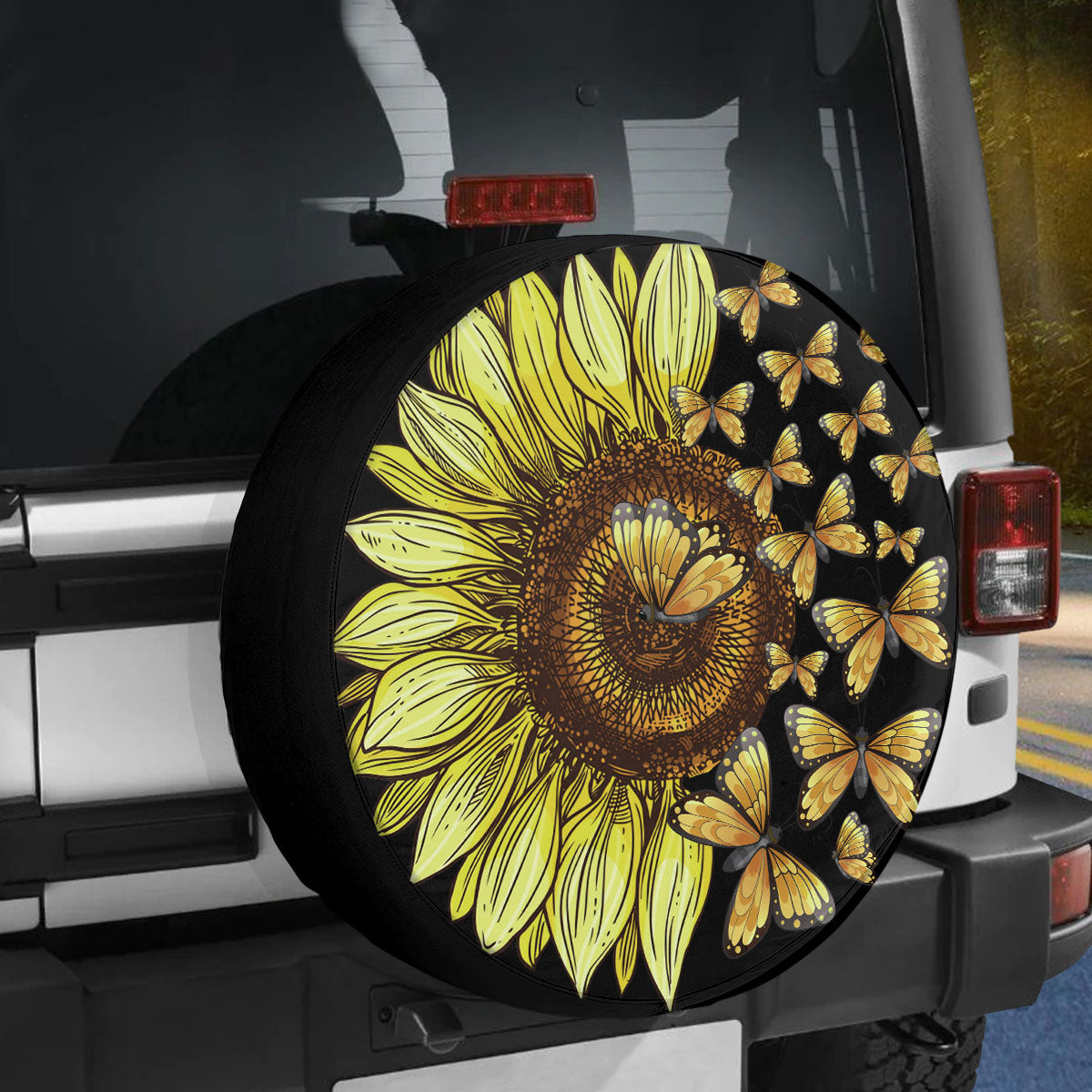 Petthouse | Sunflower Butterflies Spare Tire Cover Yellow Floral Flower Wheel Tire Cover Truck Decoration