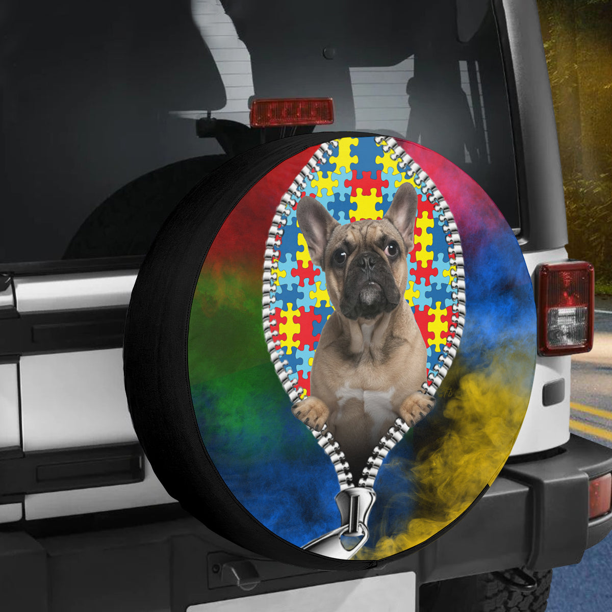 Petthouse | French Bulldog Autism Month Spare Tire Cover Dog Autistic Pride Wheel Cover Puzzles