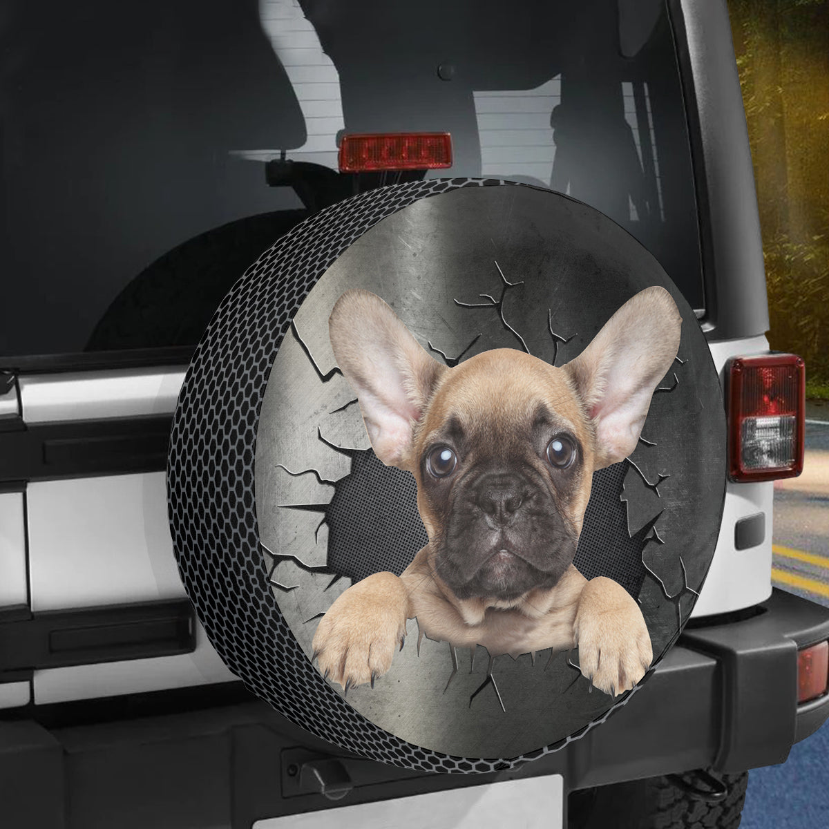 Petthouse | Fawn French Bulldog Puppy Car Wheel Cover Funny Crack Hole Printed Cute Dog Mom Car Accessories