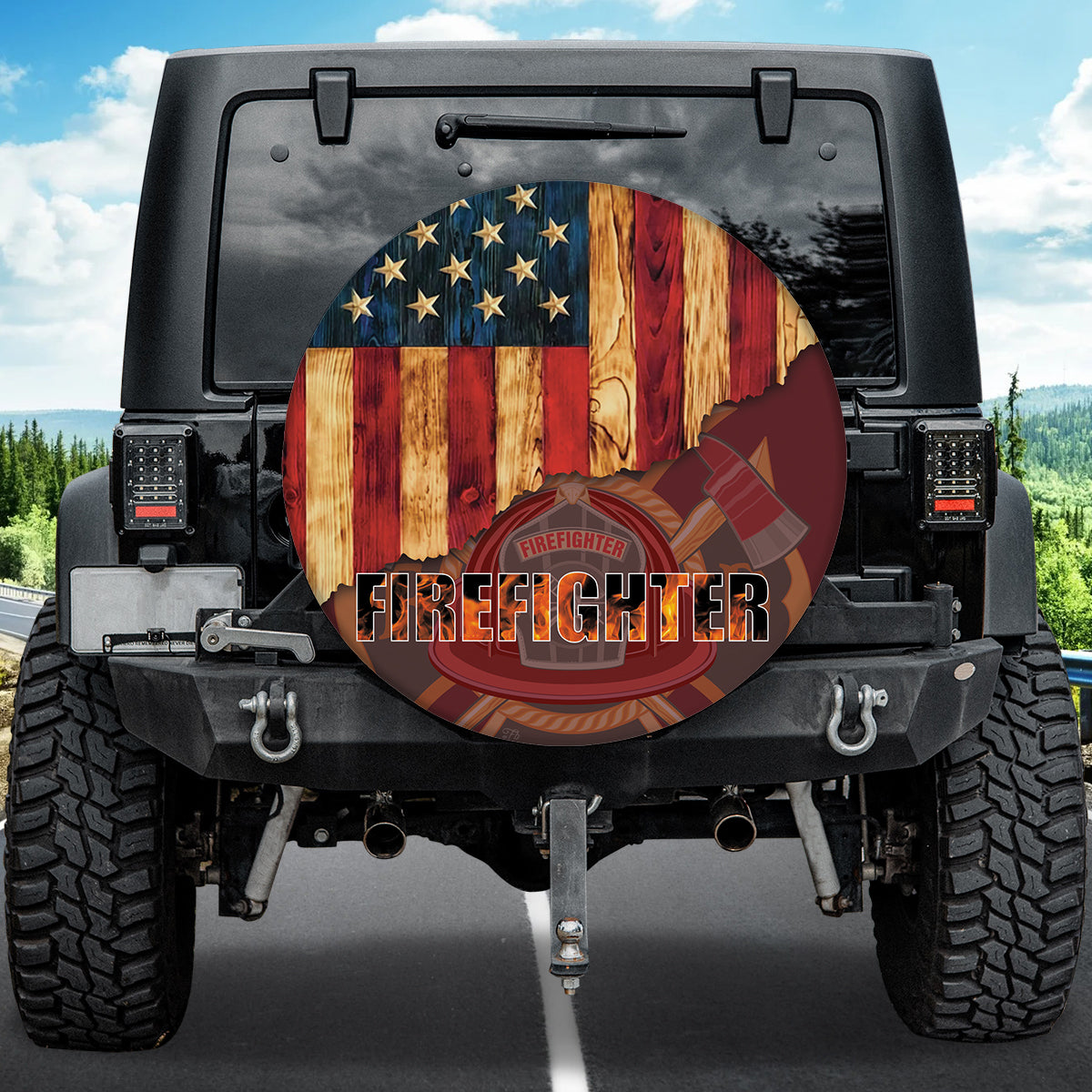 Petthouse | Firefighter American Flag Wood Spare Tire Cover Firefighter Gift Idea Decor Car