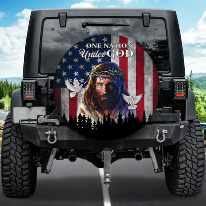 Petthouse | Jesus Portrait Jesus Painting Spare Tire Cover One Nation Under God American Flag Wheel Cover