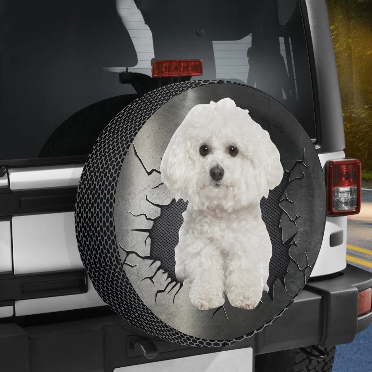 Petthouse | Bichon Frise Spare Tire Cover Cute Dog Big Hole Crack Wheel Cover Fun Car Decor For Dog Lovers