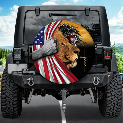 Petthouse | Jesus Lion Spare Tire Cover American Flag Tire Wrap Jesus Spare Tire Cover Christian Car Decor