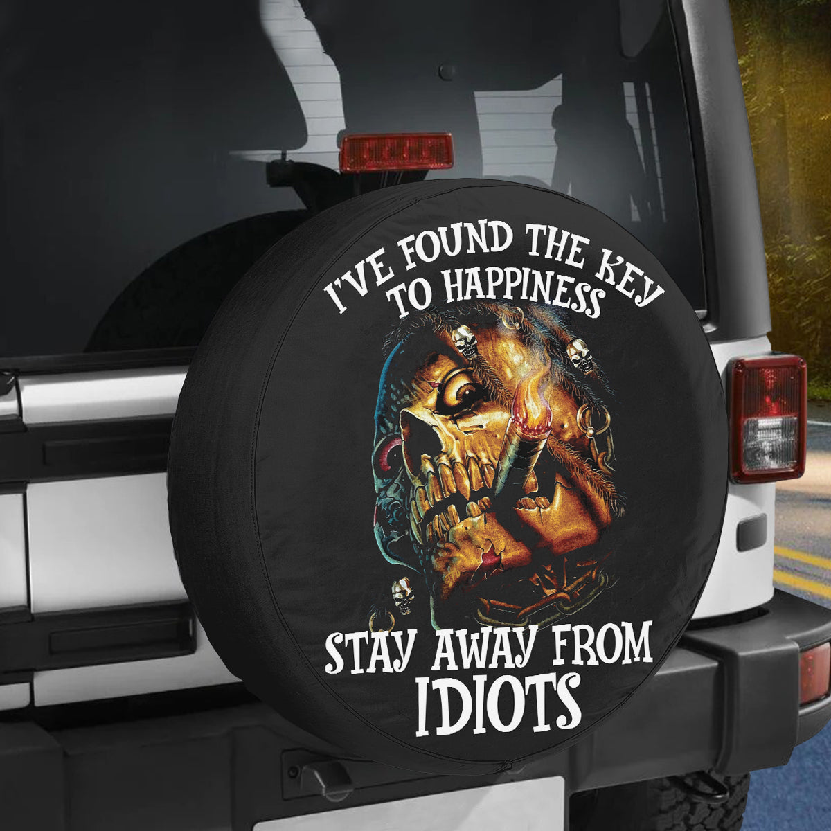 Petthouse | Skull Spare Tire Cover I've Found The Key To Happiness Cover Horror Tire Wrap Halloween Style